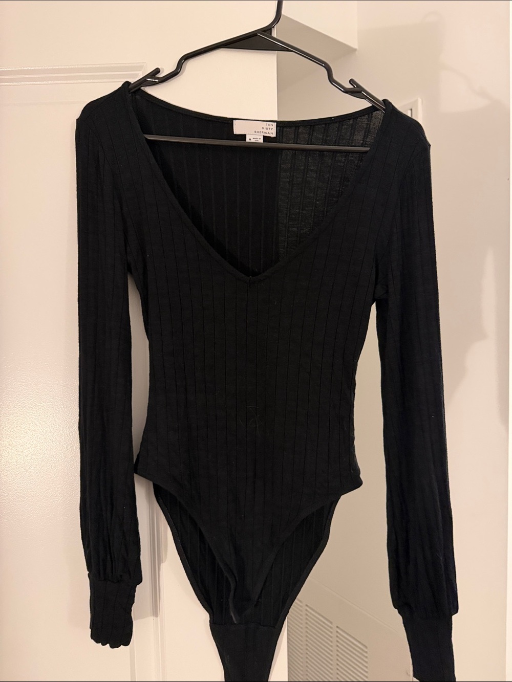 Ten Sixty Sherman Black Ribbed V-Neck Long Sleeve Bodysuit
